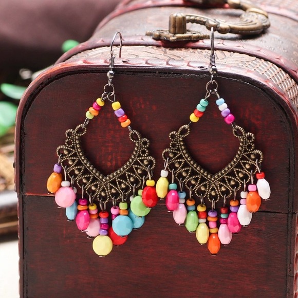 Boutique Jewelry - BOLLYWOOD colorful beaded hollowed out brass chandelier earrings